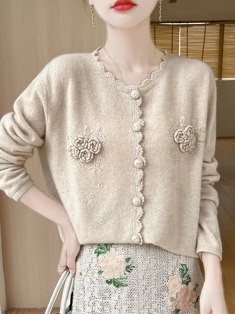 

Grace Women Wool Cardigans Lace O-neck Cashmere Sweater Flowers Spring Autumn 100% Merino Wool Knitwear Long Sleeve Clothing Top