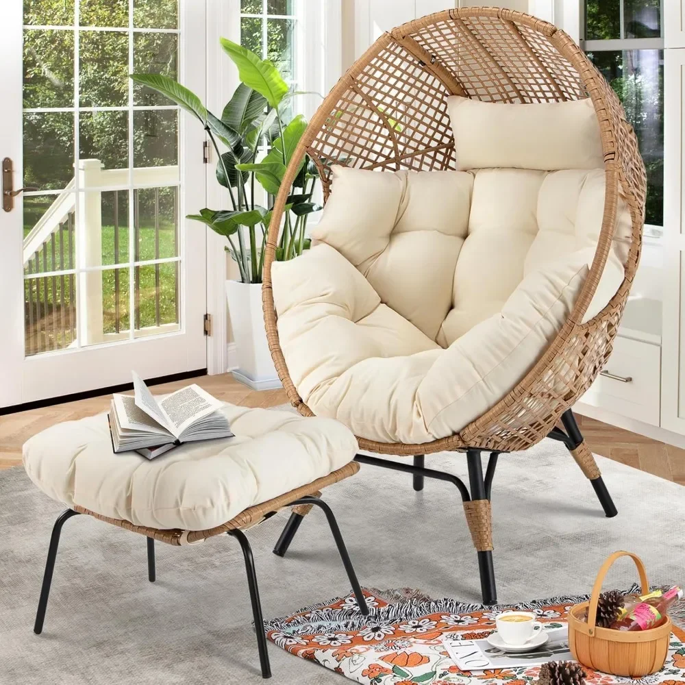 

Egg Chair with Footrest Outdoor Wicker Patio Egg Chairs with Ottoman for Indoor Bedroom Outside Porch Deck Backyard Garden