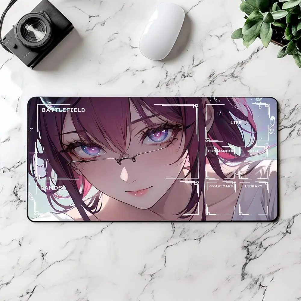 Unique Anime Girl Glasses Purple Hair Art TCG Playmat Complete Zone Layout, Large Non-Slip Rubber Aesthetic Trading Card