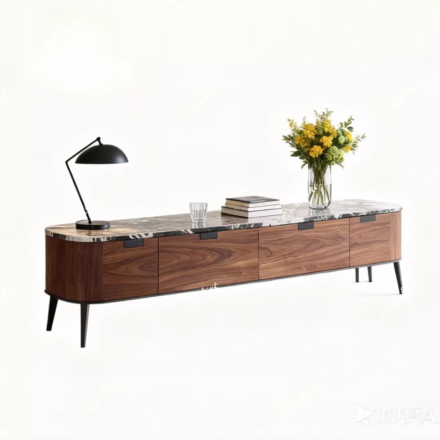 Walnut leather TV cabinet living room all solid wood natural marble villa high-end light luxury