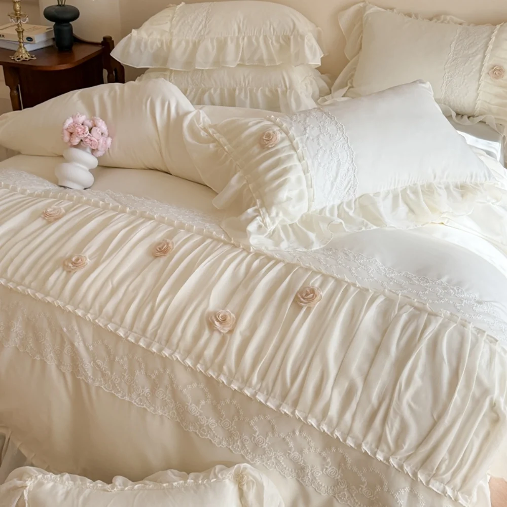 

Korean Princess Style Lace Ruffles Wedding Bedding Set Soft Rose Flowers Four-Piece Set Duvet Cover Bed Sheet Pillowcase 4Pcs