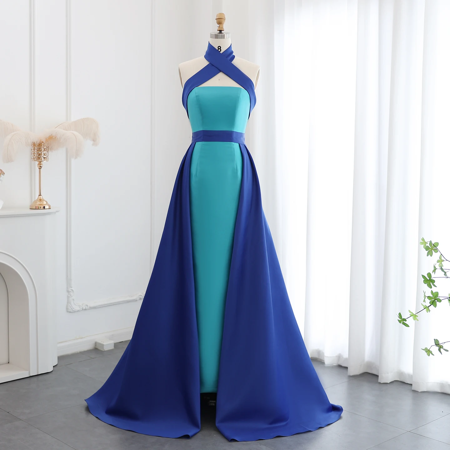 

Sharon Said Simple Blue Evening Dress Cross Halter Overskirt Satin Modest Long Women Wedding Party Gowns SF012 Customized