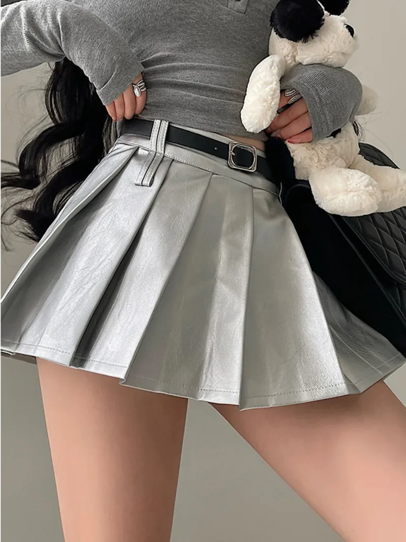 

WOMENGAGA Spicy Girl Sexy High Waisted Silver White PU Leather Pleated Skirt Half Length Short Skirt With Belt Fashion K8ZM