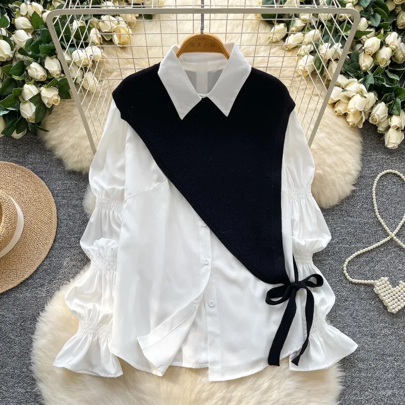 

2 Pieces Shirts&blouses Women Tops Puff Sleeve Solid Autumn Winter Blusas Mujer Korean Fashion Chic Camisas