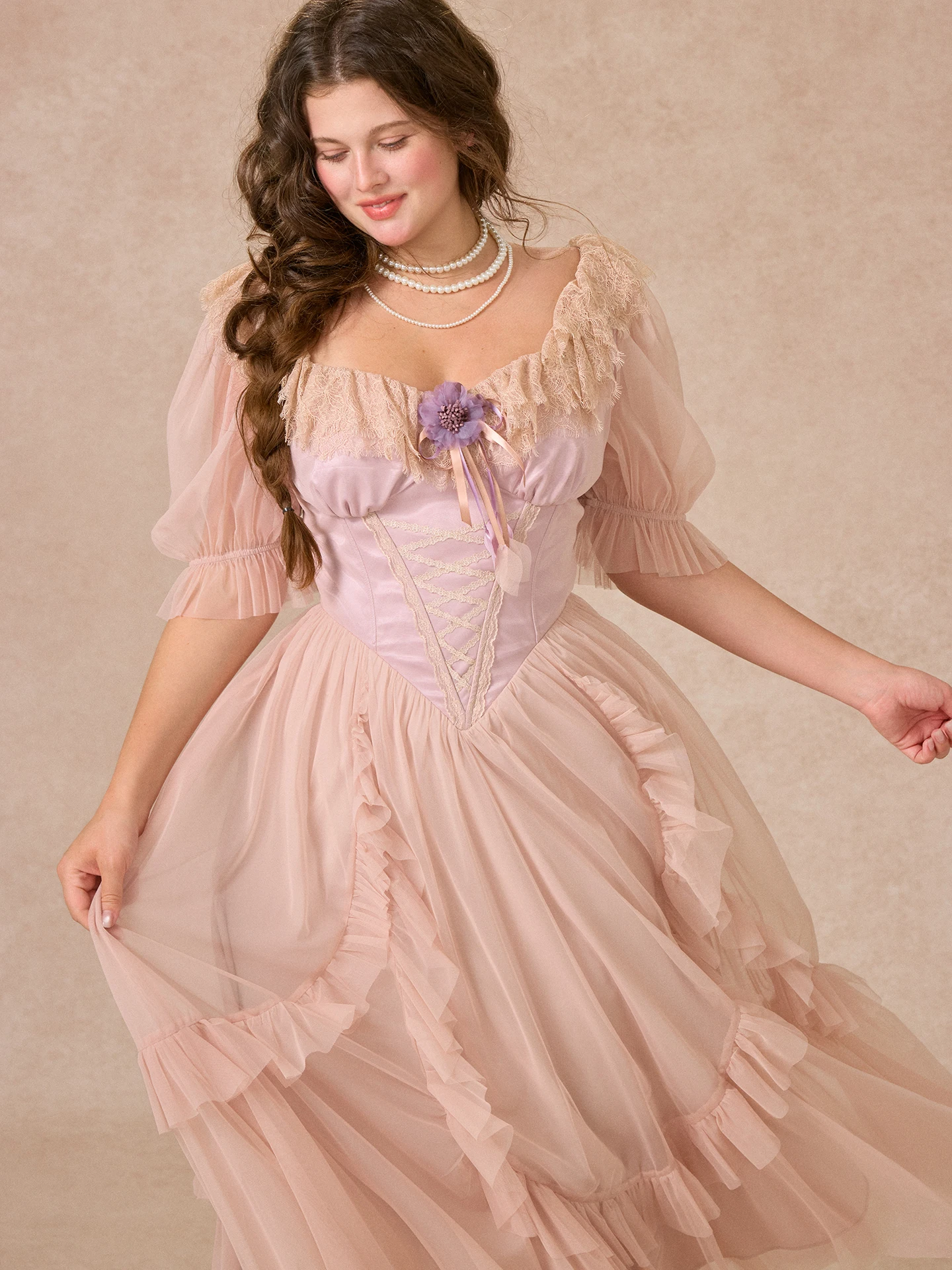 

Large Size Women's Purple Fishbone Lace Dress Spring Summer Long French Style Princess Dress Lantern Sleeve mid Waist A-Line ...