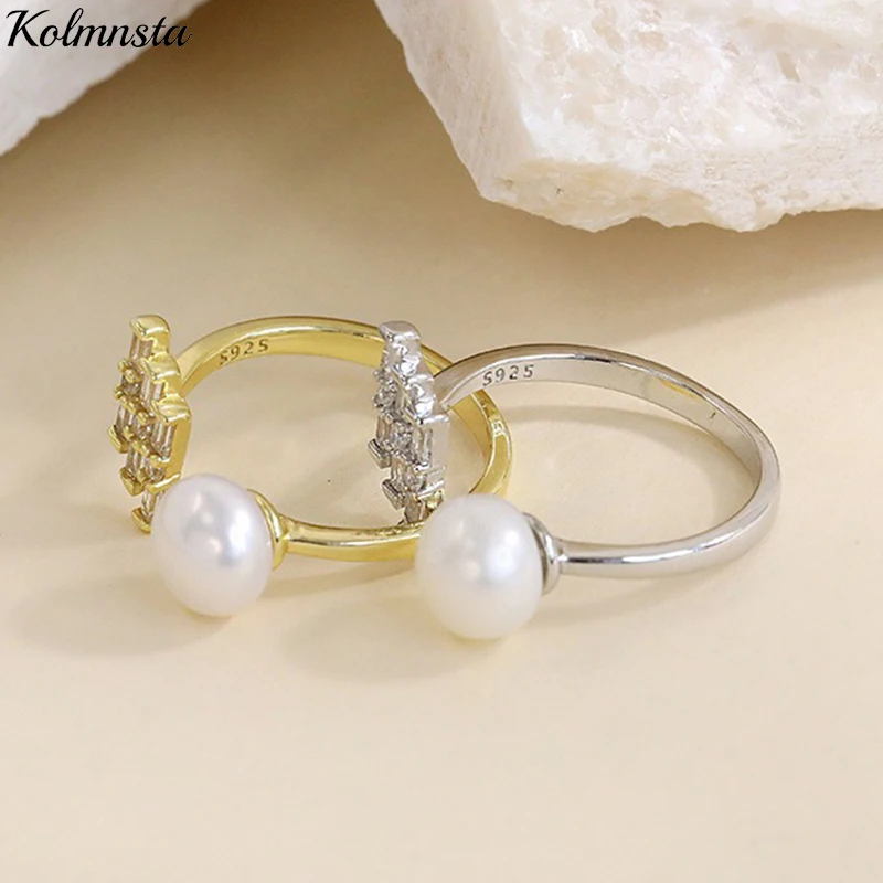 Kolmnsta 925 Sterling Silver Quality Pearl Opening Rings Shinny Zircon Adjustable Ring For Women Wedding Engagement Party Gift