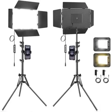 2 Pack LED Video Light with Barndoor, 30W Photography Lighting with Tripod Stand, 3000Lux CRI 98+ 2500K-8500K Studio Light Podc