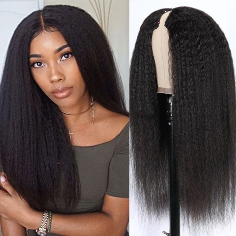 Vpart 100% Human Hair Kinky Straight Wig Middle Part Natural Black African Women Upart Brazilian Kinky Straight Human Hair Wig