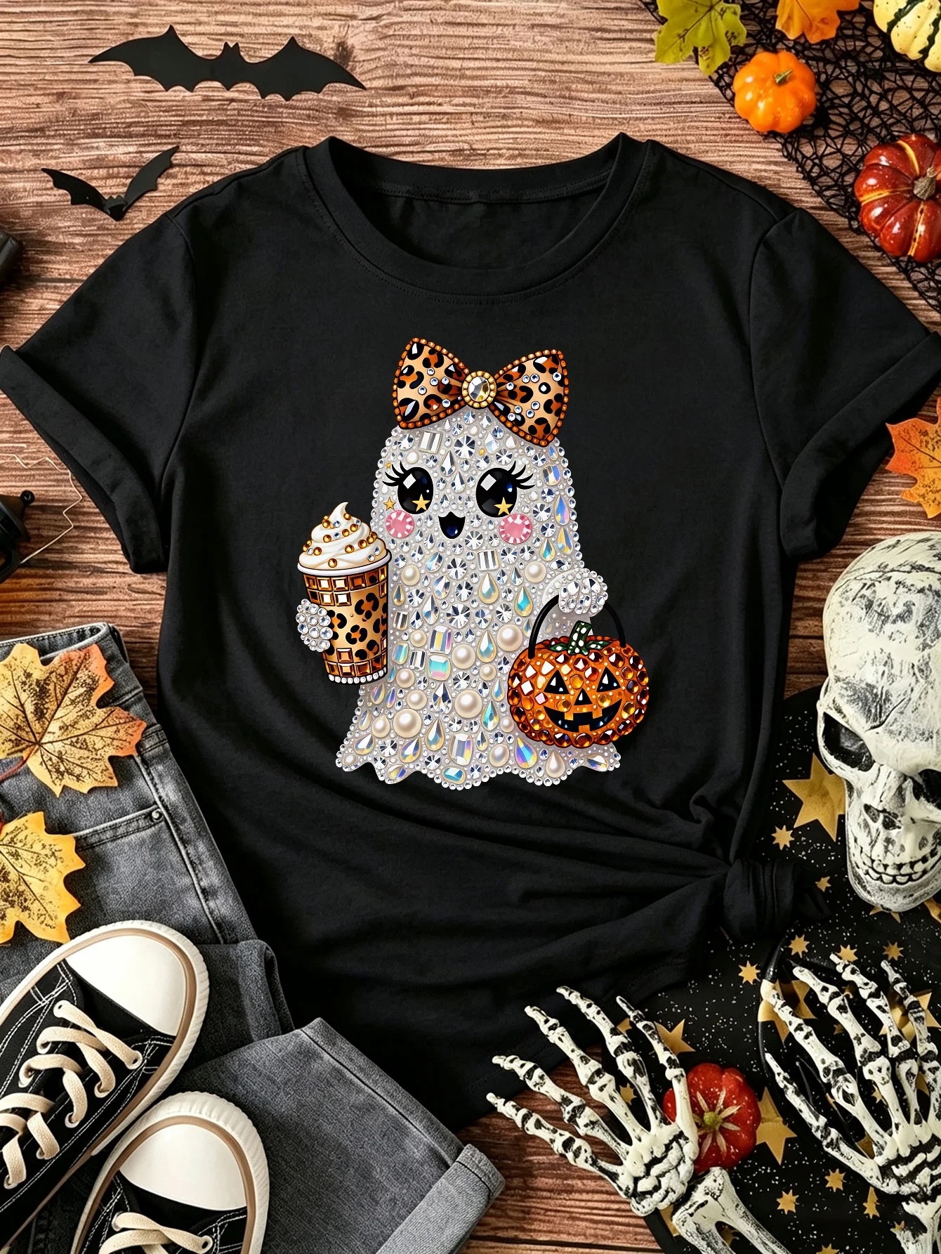 Women's Round Neck Short Sleeve Halloween Rhinestone Ghost Graphic T Shirt Leopard Bow Pumpkin Coffee Cup Print T-shirt Clothes