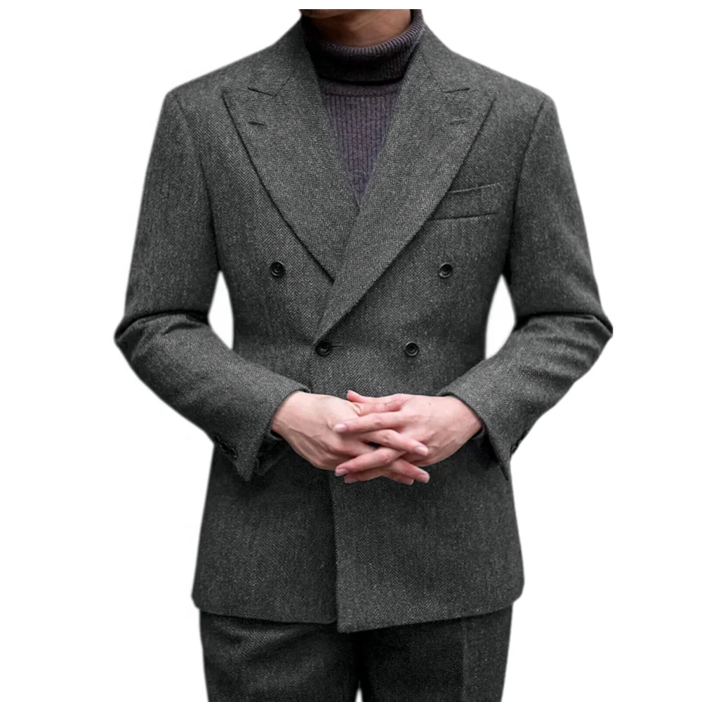 

Мужские костюмы из двух предметов серого/коричневого цвета с узором «елочка», шерстяной деловой костюм, двубортный пиджак, брюки, повседневный костюм, смокинги для жениха