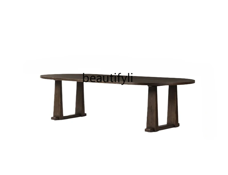 

Small apartment dining table retro oval creative solid wood mortise and tenon craft log table legs