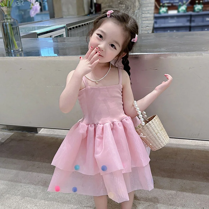 Girls' Korean Style Summer Dress Girl Suspender Fluffy Dress Mid-Calf Dress Girls' Sweet Princess Party Dress