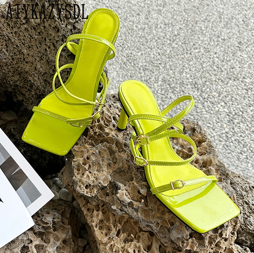 AIYKAZYSDL 2024 Neon Ggreen Rose Pink Sandals Women Fashion Design Gladiator Rome Sandals Strappy Heel Shoes Pumps Fetish DX