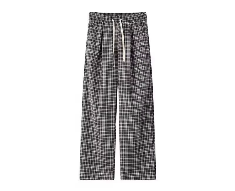2026 New Arrival Checkered Pattern Loose Fit Straight Trousers Elastic Drawstring Casual Streetwear Pants kids