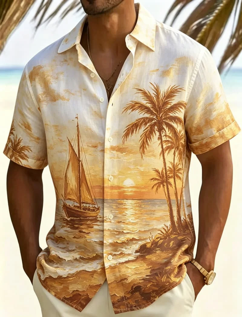 

Tropical Coastal Landscape Print Short Sleeve Shirt Casual Button Up For Men Summer Style With Artistic Scenic Charm