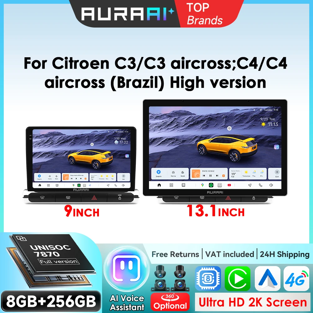 AURAAI Estéreos para Coche para Citroen C3 C4 Aircross 2017-2023 (Alta configuración) Sistemas Inteligentes Multimedia Carplay AI Voz