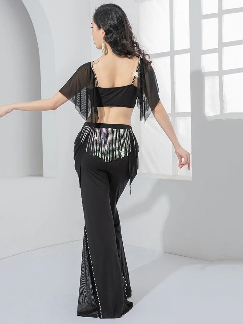 Women Belly Dance Costume with X-shaped Mesh Patchwork Slim Flared Pants Hot Diamond Tassel Luxury Practice Performance Outfit