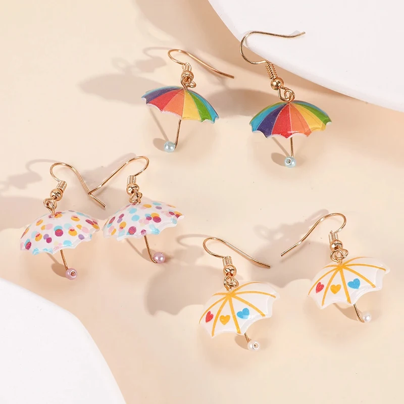 Lovely Rainbow Color Umbrella Dangle Earrings Girls Women Acrylic Dropearrings Daily Festival Gifts Earring Jewelry Accessories