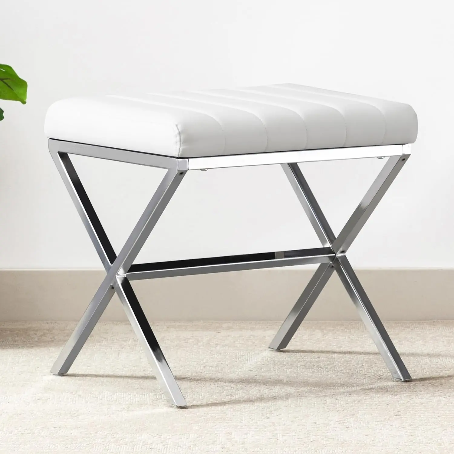 

PU Leather Vanity Stool with Metal X Legs, Durable and Sturdy, Multifunctional Use, Easy To Assemble, Vanity Chair