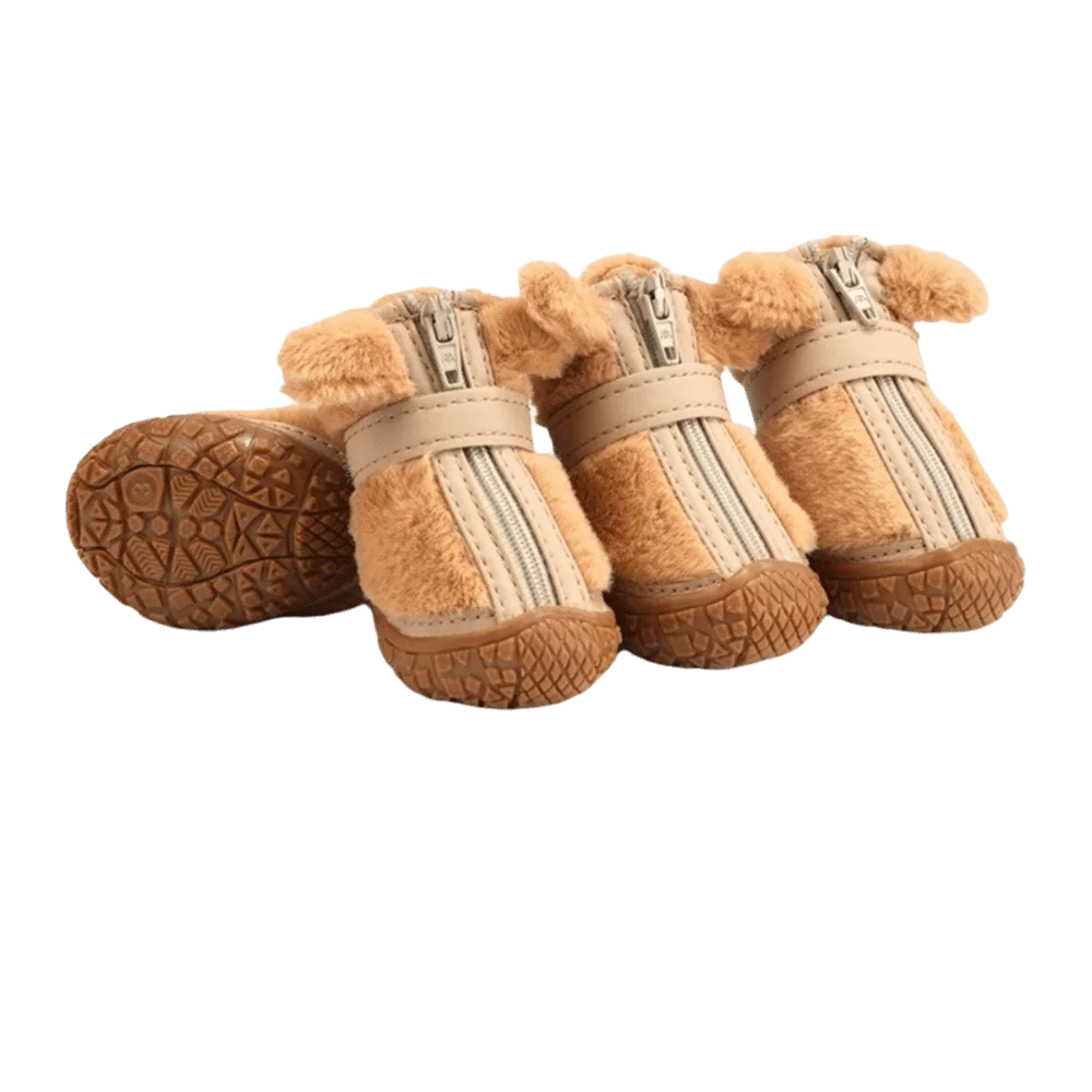 4 PCS/SET Plush Lined Winter Dog Snow Boots Comfortable Warm Anti-Slip Dog Shoes Thickened Soft Bottom Pet Paw Protection Hiking