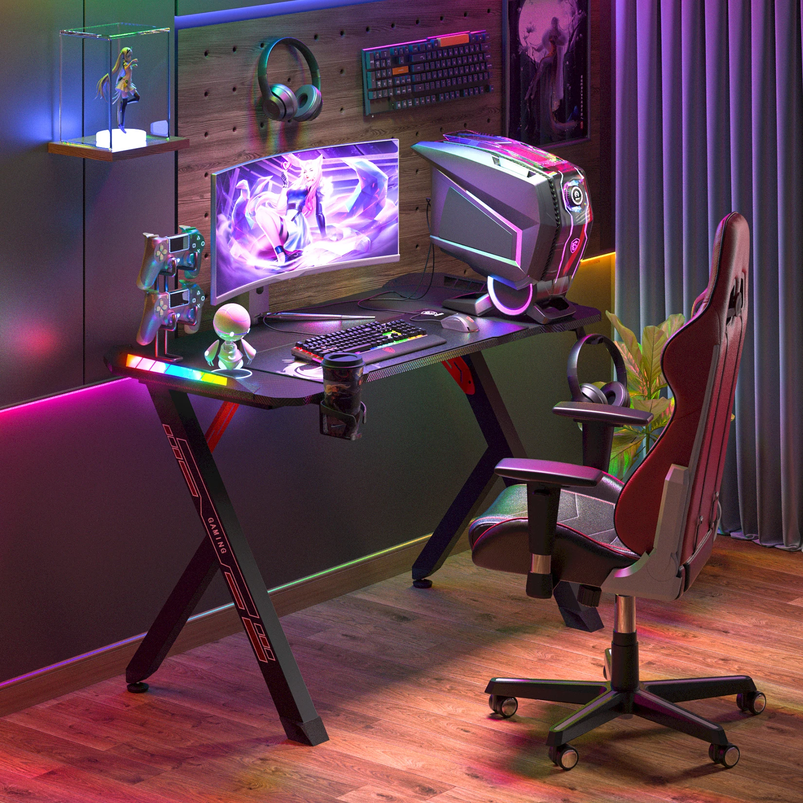 Dynamische RGB LED Lichter Gaming Desk robuster PC-Schreibtisch mit stabilen verdickten Metall beinen 3D Carbon Faser Oberfläche