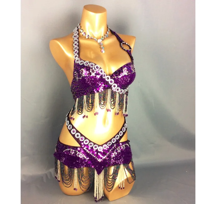 Stage & Dance Wear Women Oriental Dance Sequin Beaded Bra and Belt Bellydance Suit 2pcs Rhinestones Costume for Belly Dance