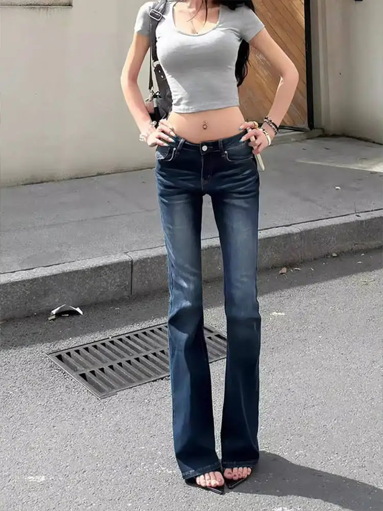 

American Style Washed Denim Bell Bottom Jeans Women's Spring Autumn Low Waist Tight Fit Long Pants Casual Commute Wear
