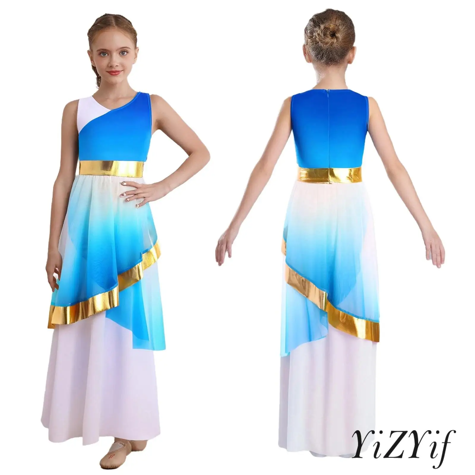 

Girls Praise Lyrical Dance Performance Costume Sleeveless Metallic Back Invisible Zipper Gradient Color Mesh Layer Dance Dress