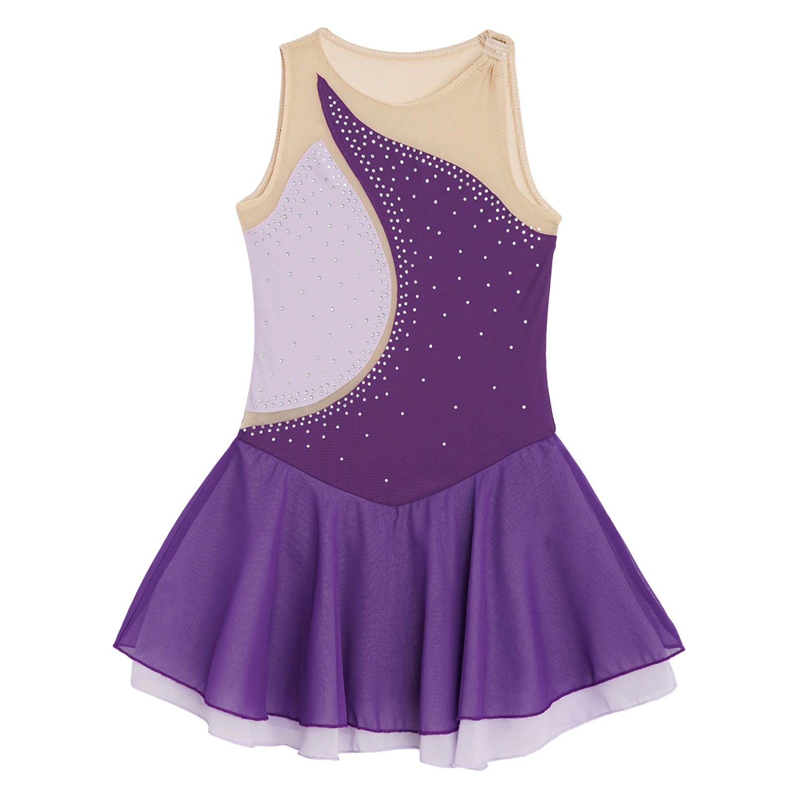 Children Girls Figure Skating Dance Dress Ballet Gymnastics Acrobatics Costume Sleeveless Rhinestone Sheer Mesh Leotard Tutu