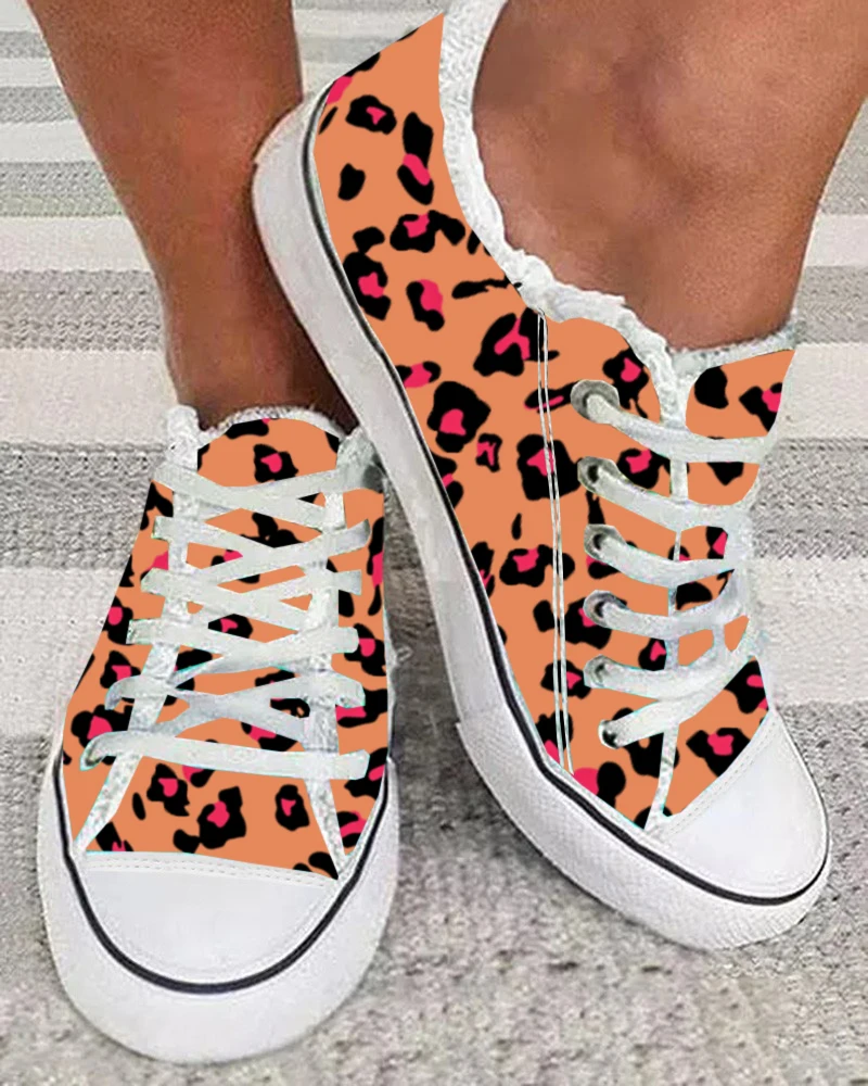 Women Fashion Flat Daily Wear Running Casual Shoes Leopard Print Raw Hem Lace-up Canvas Sneakers