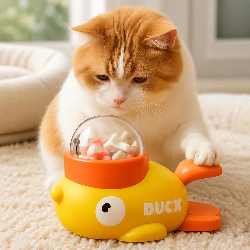 Slow feeder bowl for cats and dogs featuring a playful duck form, puzzle complexity, and stable anti-slip base to encourage