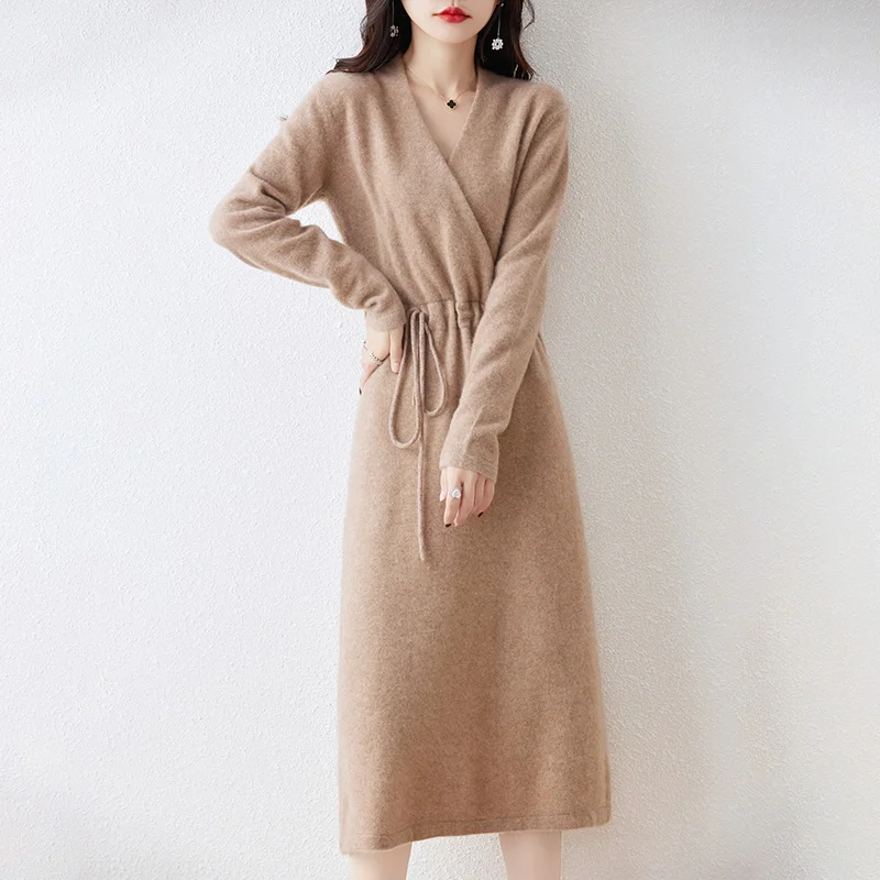 100% Wool Knitting Dresses Women 2023 Winter New Fashion Length-keen Warm&Best Quality Female V-neck Cloth Chinese Style Skirt