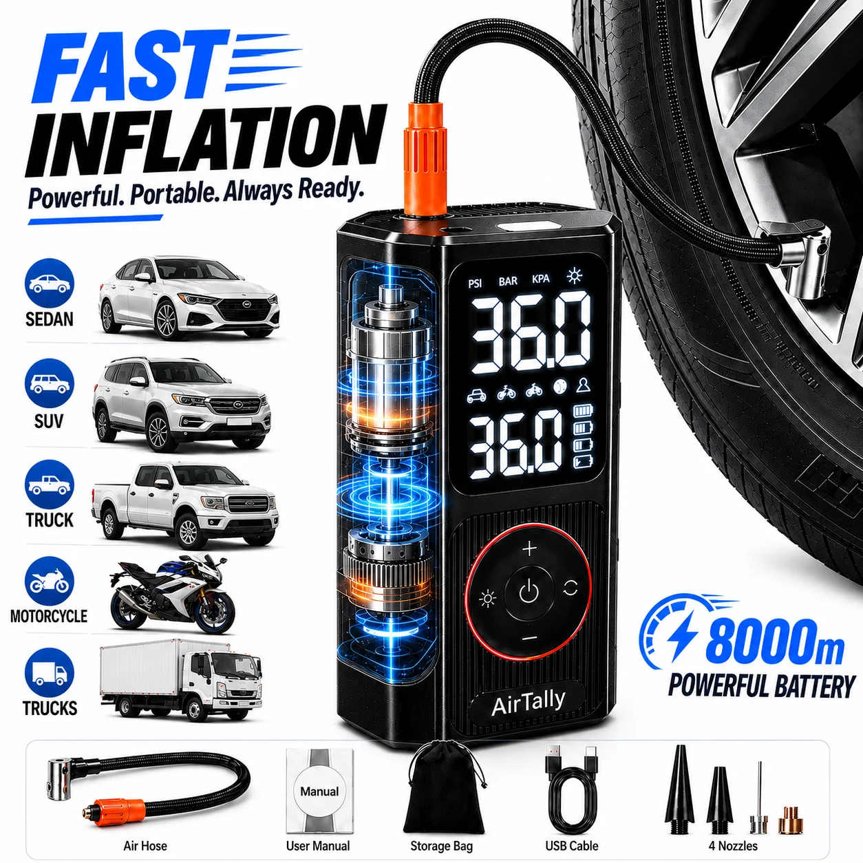 Pompa d'Aria Portatile per Auto 150PSI, Gonfiatore Pneumatici Wireless