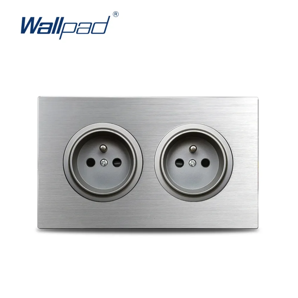 

Wallpad Grey Double 2 French Wall Electric Socket Power Outlet 146* 86mm Silver Brushed Aluminum Panel Frame