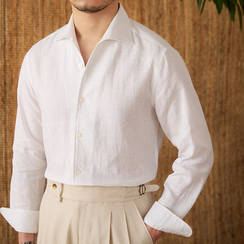 

Mr. Lu San summer light breathable 100 linen one-piece collar long sleeve shirt gentry all-match white shirt men