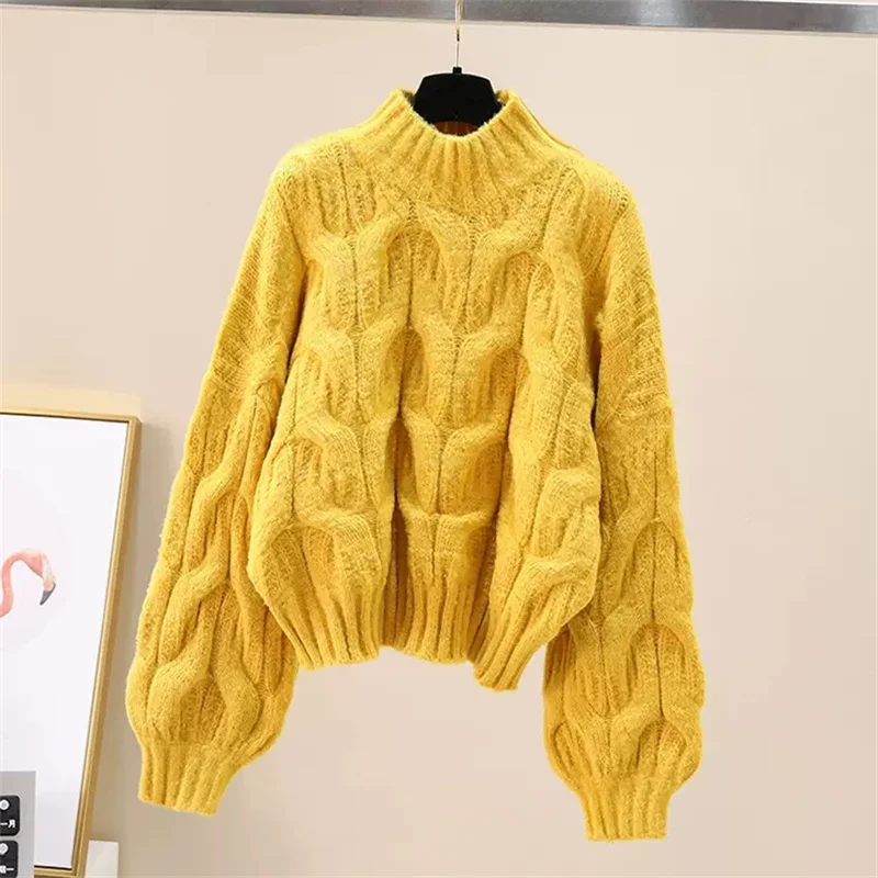 Women White Twist Knitted Sweater Short Pullover Tops Autumn Winter New Casual Solid Color Long Sleeve Bottoming Knitwear Jumper