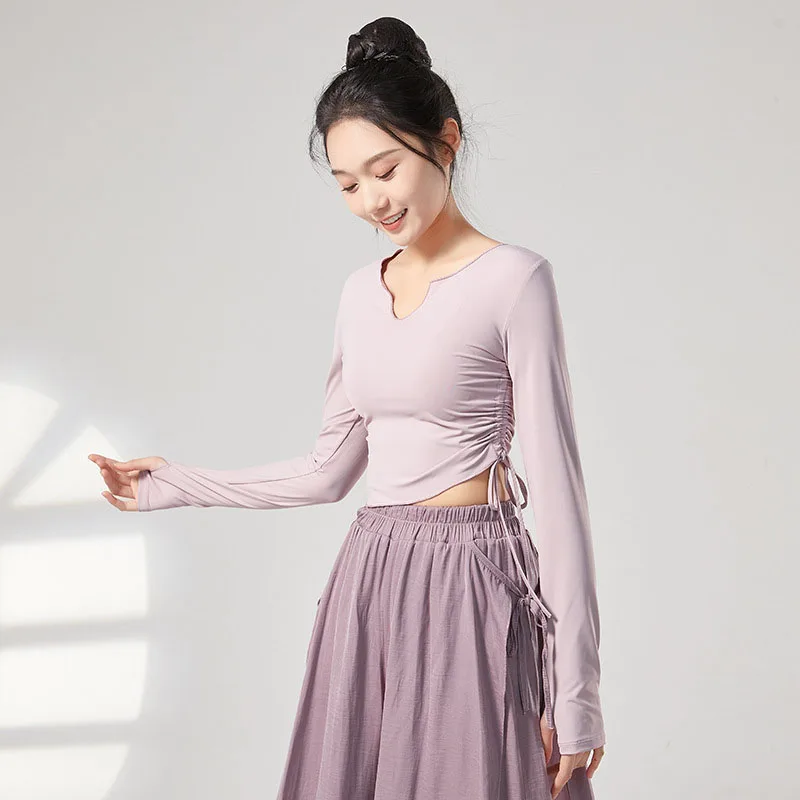 Adult Slim Fit U Neck Side Tie Long Sleeve Belly Dance T Shirt Crop Top Costume for Women Dancing Clothes Dancer Clothing Wear