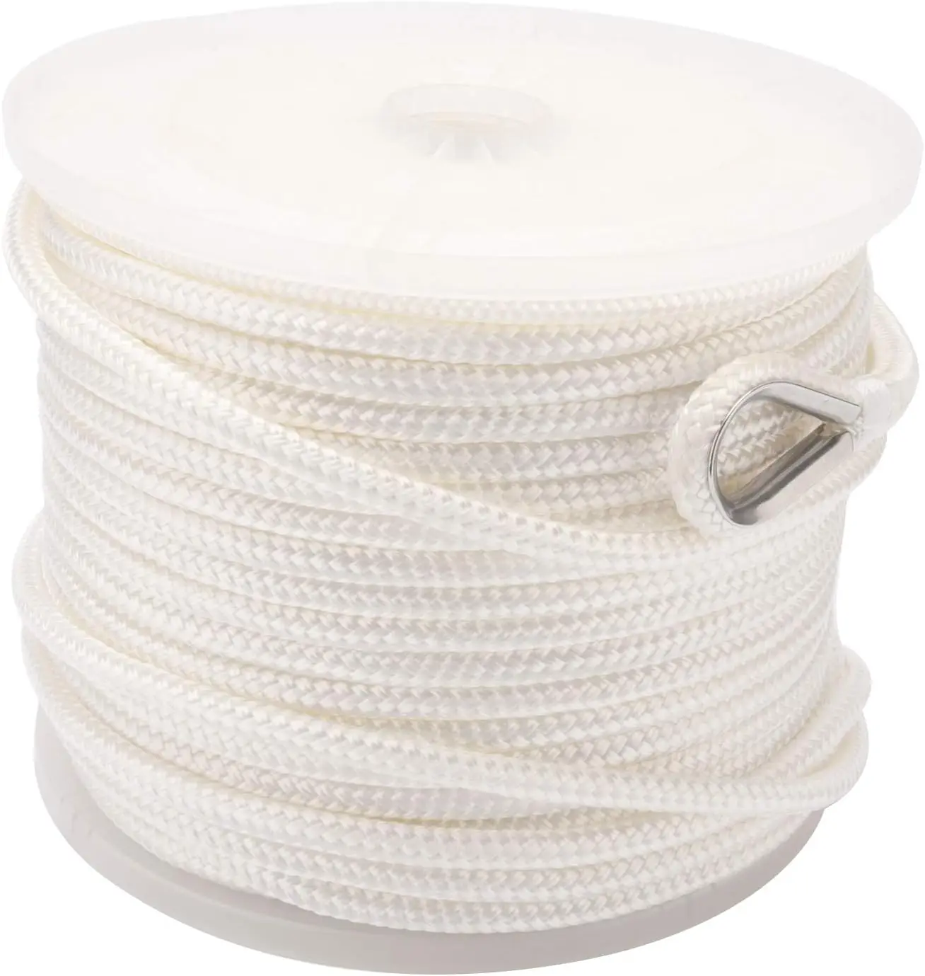 3/8 Inch X 600 Feet Double Braid Nylon Anchor Line with Stainless Steel Thimble and Plastic Chuck (White)