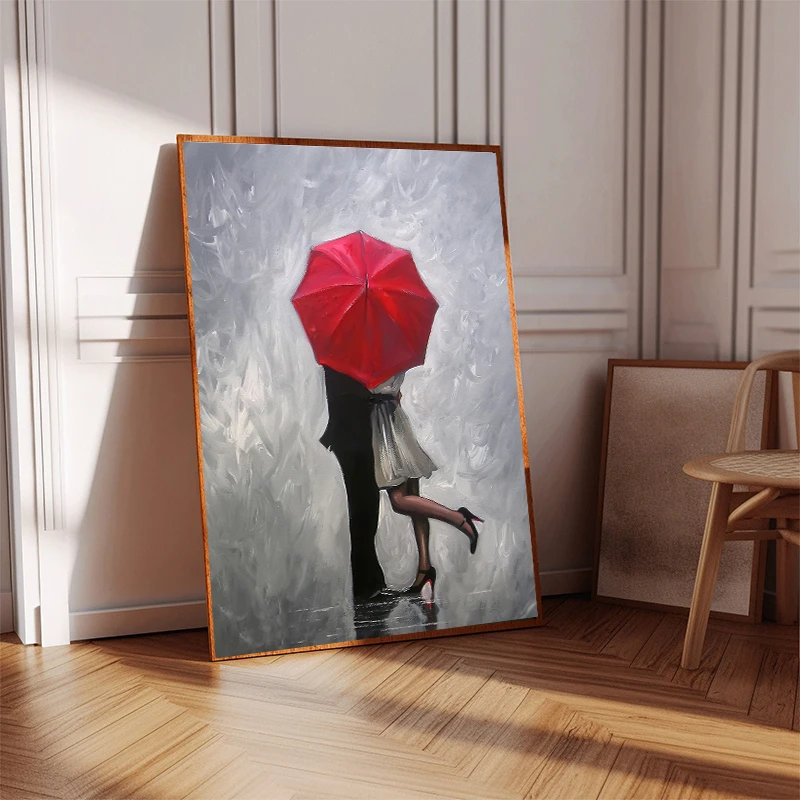 Romantic Lover Couple with Umbrella Walking London Paris Canvas Painting Poster Print  Landscape Wall Art Mural Home Decor