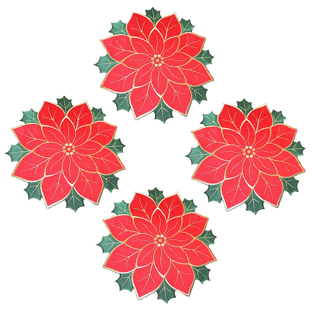 

4Pcs Christmas Poinsettia Embroidered Placemats Holiday Table Decoration Insulation Heat Resistant Plate Mats Reusable Dining