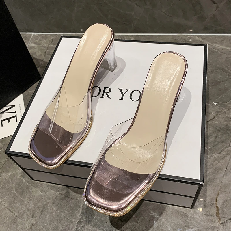 Comemore Crystal Clear Transparent Heel Slippers Female Shoes Middle Heels Comfortable New Summer Women Fashion Mules Slides 42