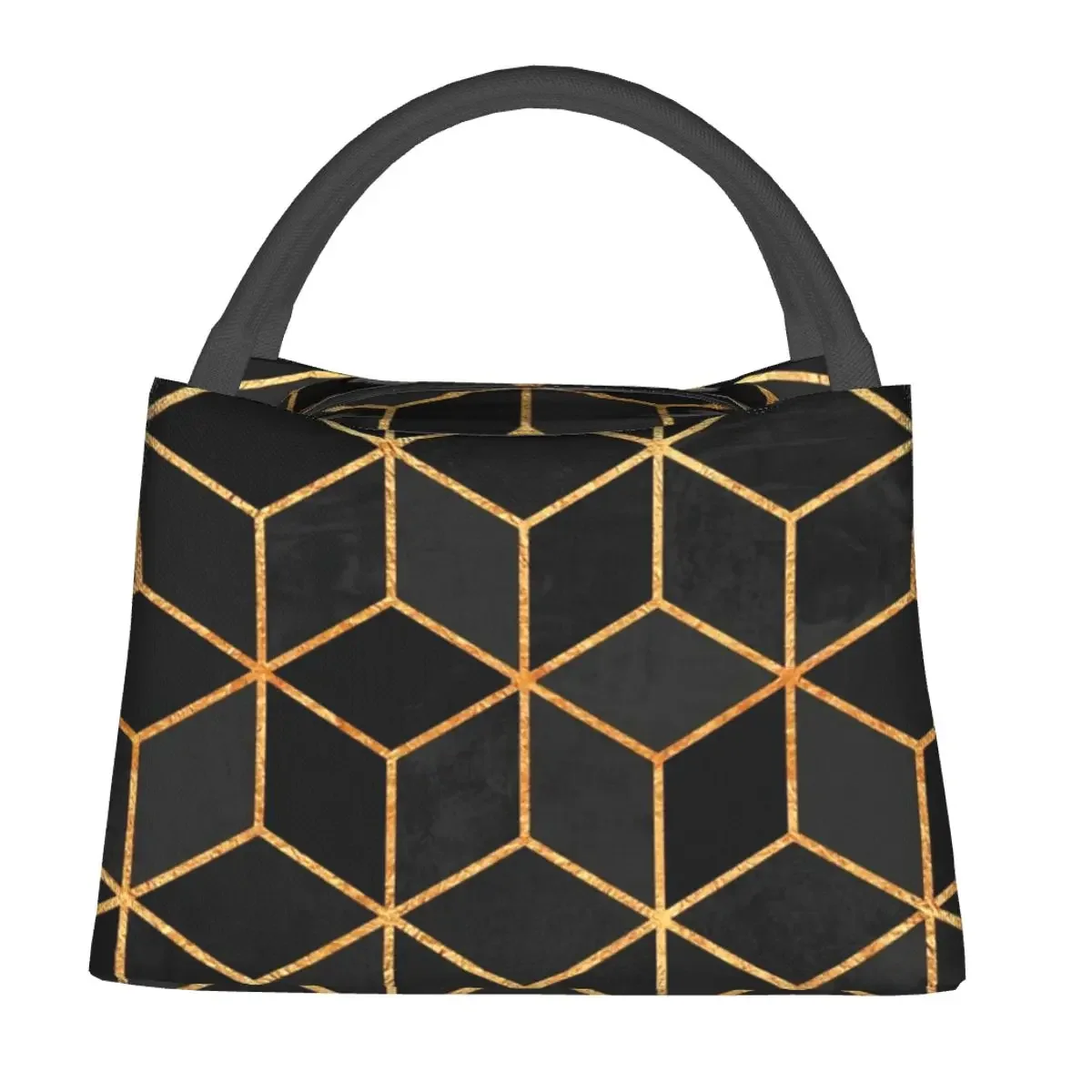 

Gold Geo Print Lunch Bag Adult Black Block Custom Lunch Box Casual Travel Cooler Bag Portable Waterproof Thermal Tote Handbags