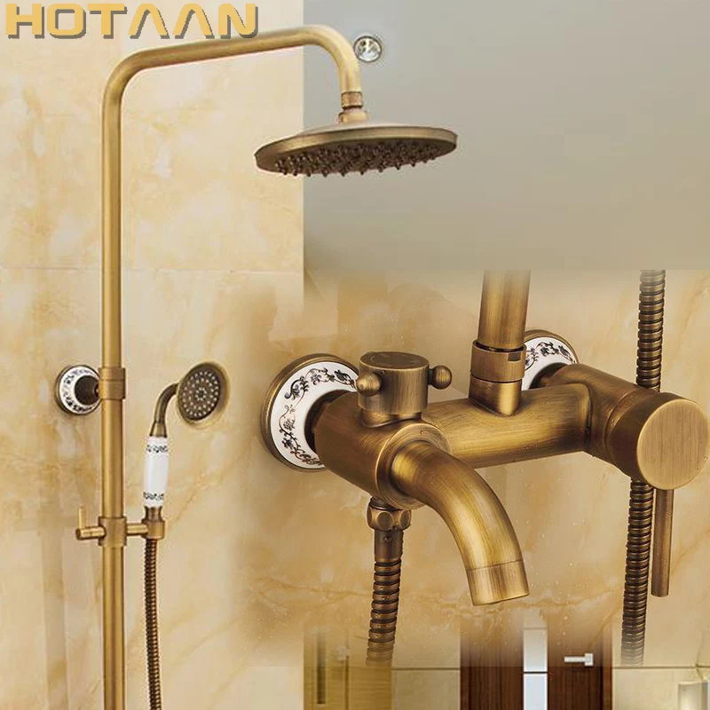 

Antique Brass Wall Mounted Mixer Valve Rainfall Shower Faucet Complete Sets + 8" Brass Shower Head + Hand Shower + Hose YT-5326