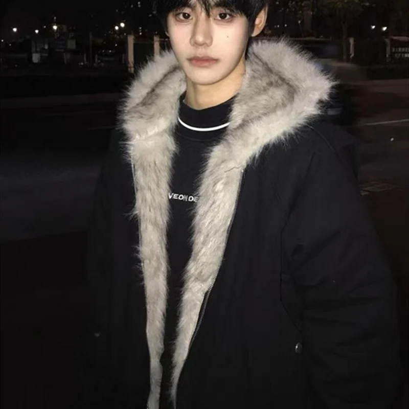 

Зимняя толстая хлопковая куртка с шерстяным воротником и капюшоном в американском стиле ретро, плюшевый топ, мужское уличное пальто в стиле хип-хоп, готическое пальто с шерстяной подкладкой в стиле Харадзюку