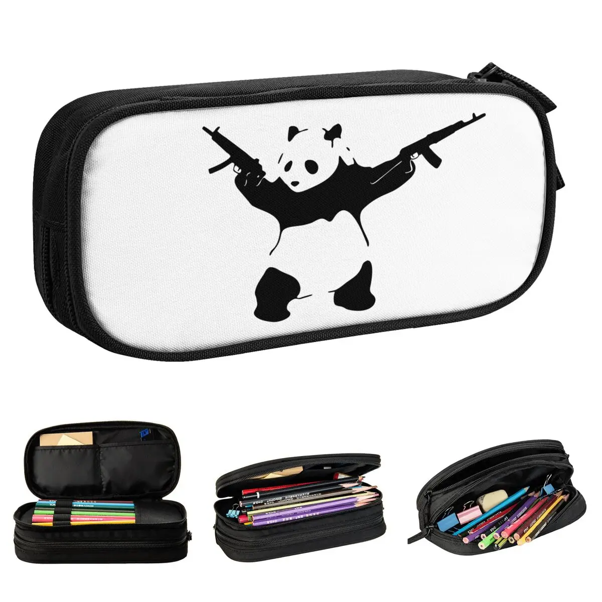 Banksy's Panda Holding Assault Rifles Pencil Cases Banksy Pen Holder Bags Student Large Storage Office Cosmetic Pencilcases