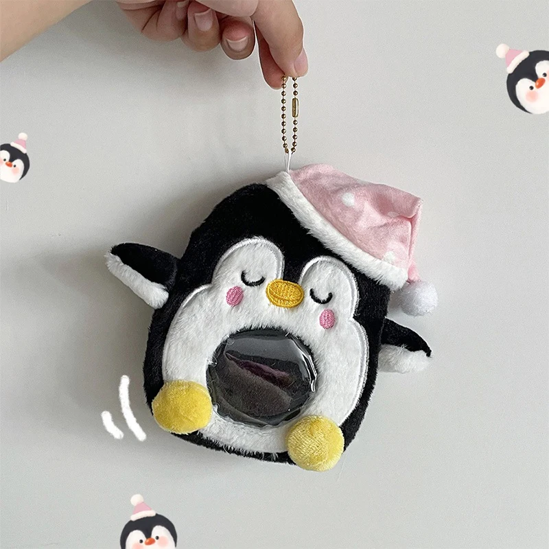 Desenhos animados Animal Sleepcap Penguin Plush Card Set, Chaveiro, Rodada foto titular do cartão, pingente, chaveiro para mulheres, estudantes, exibição de fotos