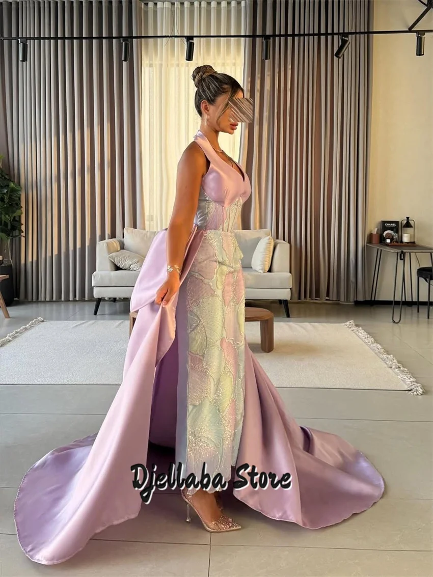Nouveau brillant violet perlé bretelles licou robes de soirée 2025 femmes dubaï brillant longue robe de soirée robes personnalisées