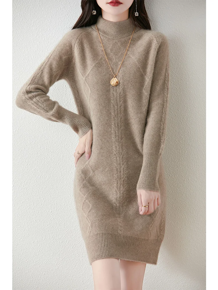 

Women's Pure Wool Knitted Dress, High Collar, Straight, Cable Tie, Casual, Fashionable, Warm, 2024 Autumn/Winter