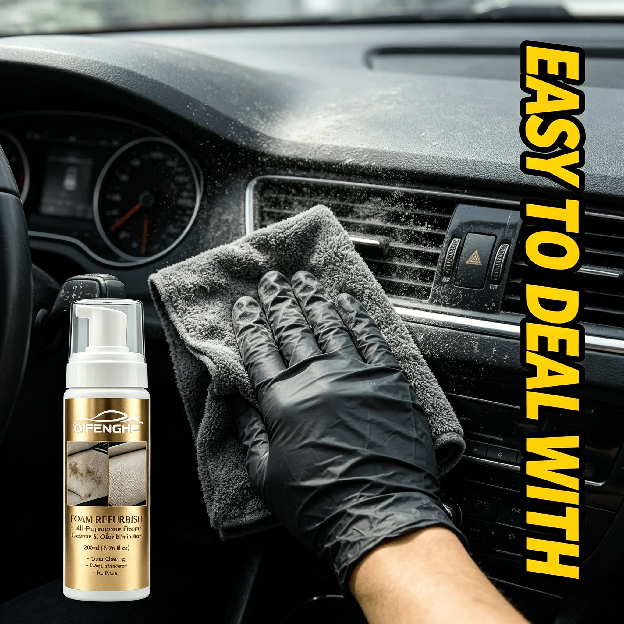 High-Efficiency Auto Foam Cleaner 200ML No Rinse Deodorizing Cleaning Foam with Sponge for Car Leather Plastic Interior Stain Re
