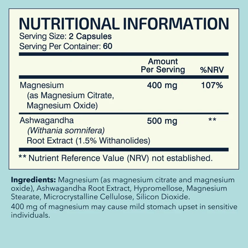 Magnesium + Ashwagandha Complex -  Soothes Emotions, Reduce Stress, Improves Sleep, Promotes Muscle Relaxation and Recovery